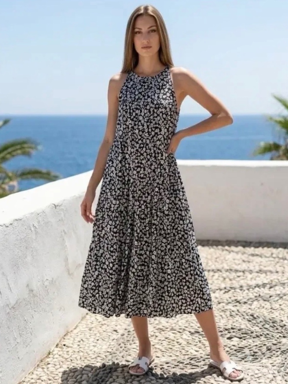 HAEOF Daisy Print Floral Midi Shift Dress Medium High Neck Beachy Boho Cottage